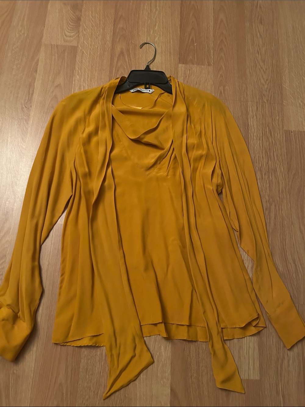 Zara Mustard Draped Tie-Neck Blouse